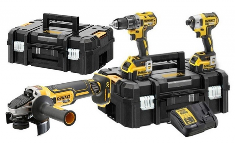 Set 3 scule electrice DeWALT DCK384P2T, masina de gaurit si insurubat DCD796, masina de insurubat cu impact DCF887, polizor unghiular DCG405