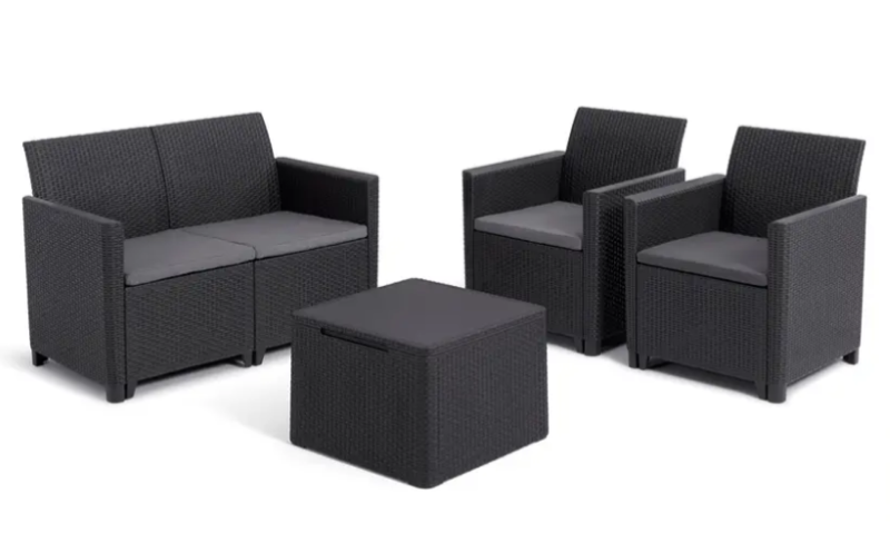 Set mobilier gradina KETER Claire 253084, canapea 2 locuri, 2 fotolii, masa patrata cu spatiu de depozitare, din polipropilena, grafit