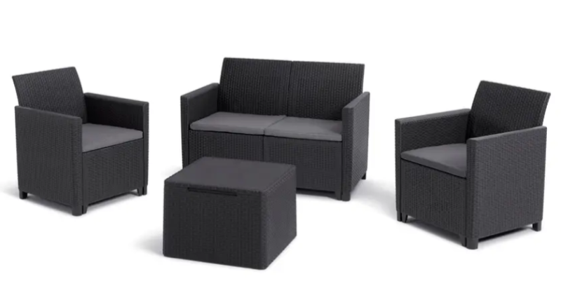 Set mobilier gradina KETER Claire 253084, canapea 2 locuri, 2 fotolii, masa patrata cu spatiu de depozitare, din polipropilena, grafit