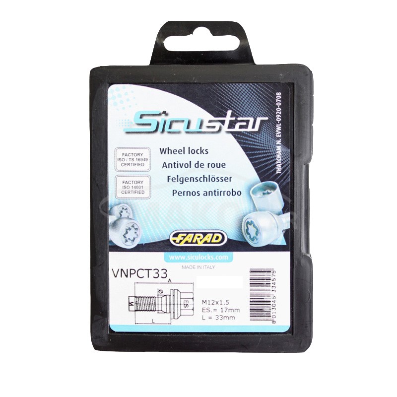 Set suruburi antifurt roti SICUSTAR VNPCT33, M12 x 1.50 x 33, hexagon, cheie 17, otel zincat, pentru Citroen C1, Peugeot 107,108, Toyota Aygo
