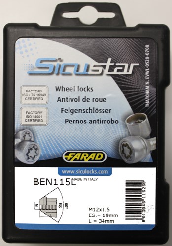 Set piulite antifurt roti SICUSTAR BEN115L, M12 x 1.50 x 34, negre, hexagon, cheie 17, otel zincat