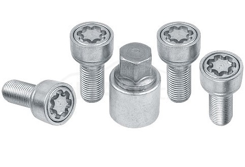 Set suruburi antifurt roti SICUSTAR VN235R13, M12 x 1.50 x 35, hexagon, cheie 17, otel zincat, pentru Skoda, Volkswagen, Seat