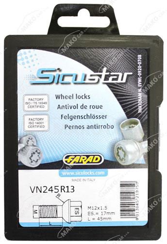 Set suruburi antifurt roti SICUSTAR VN245R13, M12 x 1.50 x 45, hexagon, cheie 17, otel zincat, pentru Skoda, Volkswagen, Seat
