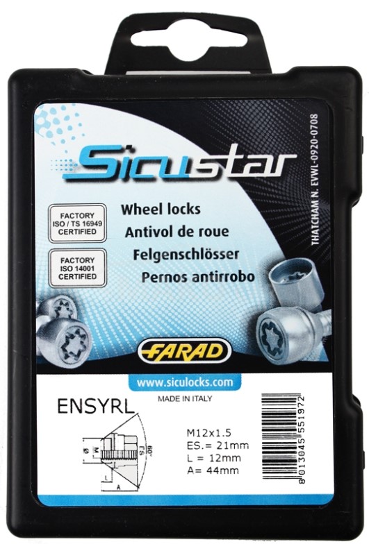 Set piulite antifurt roti SICUSTAR ENSYRL, M12 x 1.50 x 44, hexagon, cheie 17, otel zincat, pentru Toyota Land Cruiser