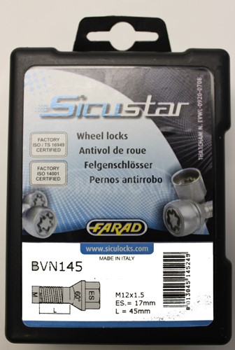 Set suruburi antifurt roti SICUSTAR BVN145, M12 x 1.50 x 45, negre, hexagon, cheie 17, otel zincat
