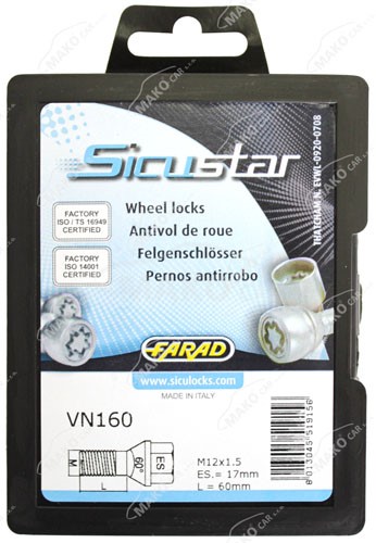 Set suruburi antifurt roti SICUSTAR VN160, M12 x 1.50 x 60, hexagon, cheie 17, otel zincat