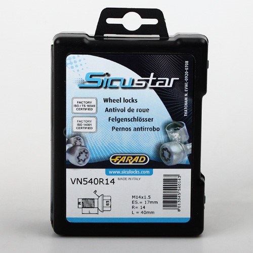 Set suruburi antifurt roti SICUSTAR VN540R14, M14 x 1.50 x 40, hexagon, cheie 17, otel zincat, pentru Mercedes