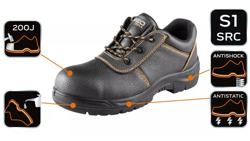 Pantofi de lucru cu bombeu metalic NEO 82-160-39NEO, S1 SRC, marimea 39, din piele, varf din otel, talpa antistatica