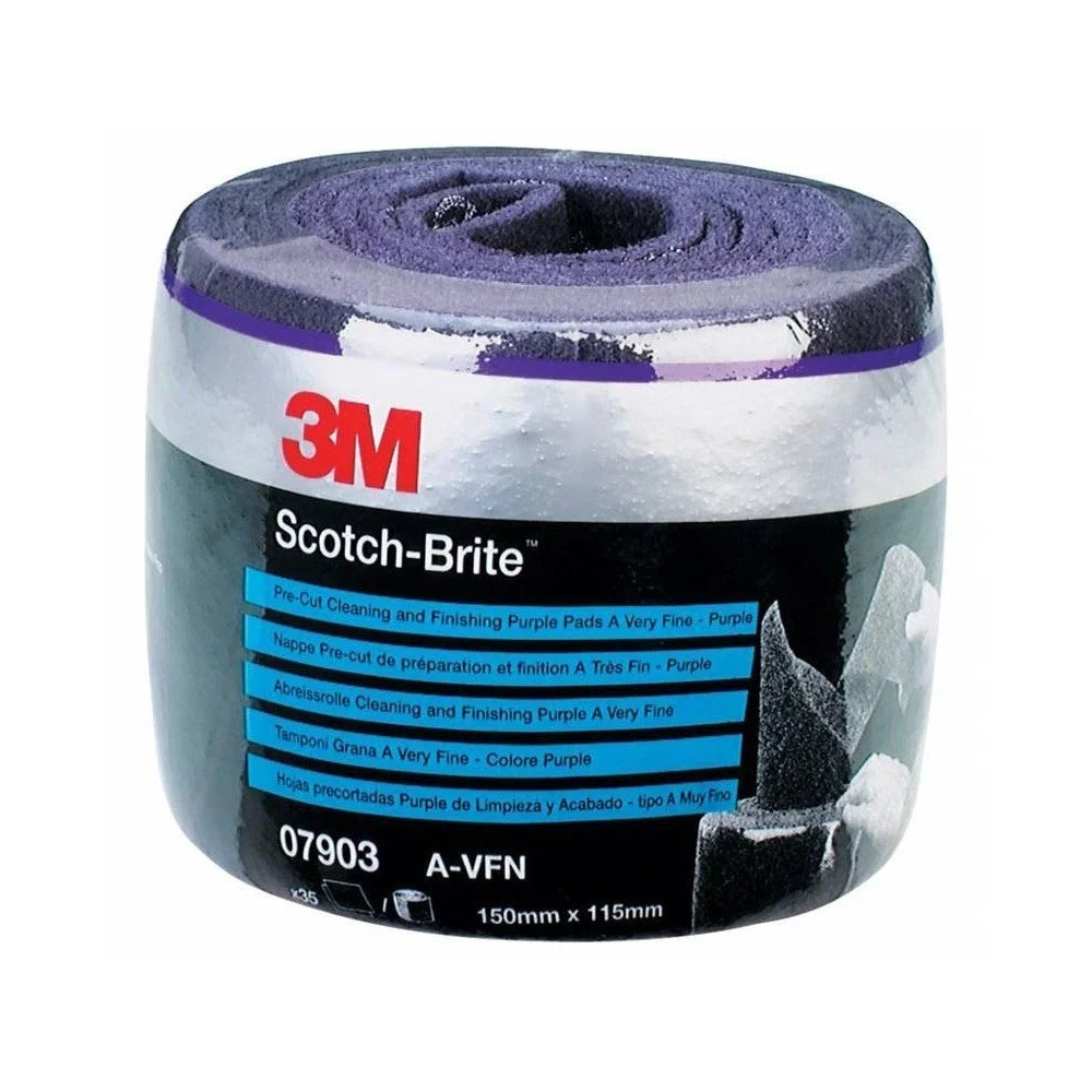 Rola cu 35 bureti abrazivi 3M Scotch-Brite Clean and Finish 07903, granulatie fina, 150 x 115 mm, mov