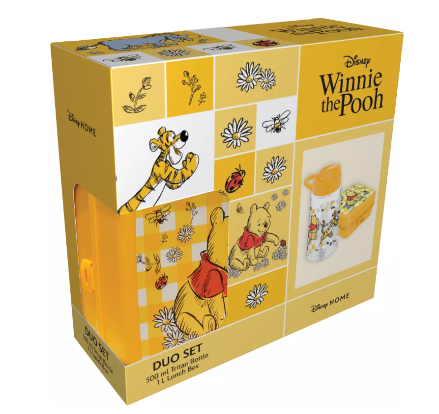 Set 2 piese pentru masa copii DISNEY Winnie the Pooh 838736, sticla de apa 500 ml, cutie de sandwich cu 3 compartimente, volum 1 litru, galben