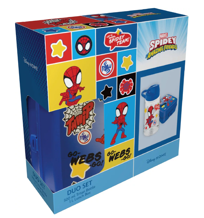 Set 2 piese pentru masa copii DISNEY Spider Man Spidey 838743, sticla de apa 500 ml, cutie de sandwich cu 3 compartimente, volum 1 litru, albastru