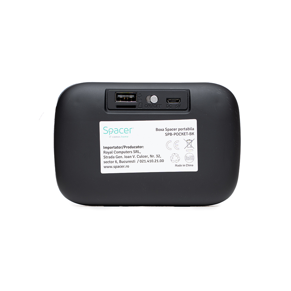 Boxa Bluetooth SPACER SPB-POCKET-BK portabila, 3 W, acumulator 520 mAh, autonomie 5 ore, FM, distanta de functionare 10 m, USB, negru