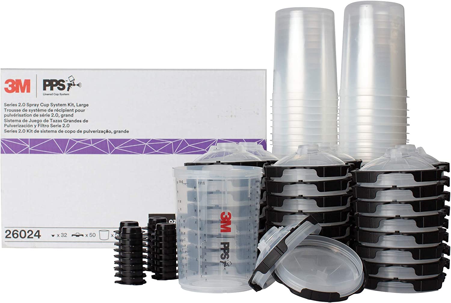 Set 50 pahare de vopsea cu capace 3M PPS 2.0 26024, 850 ml, cana mixare, filtru 200 microni, cu 32 dopuri