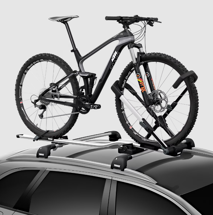 Suport auto pentru bicicleta THULE UpRide 599001, montare pe bare transversale, prindere de roti, greutate maxima suportata 20 kg