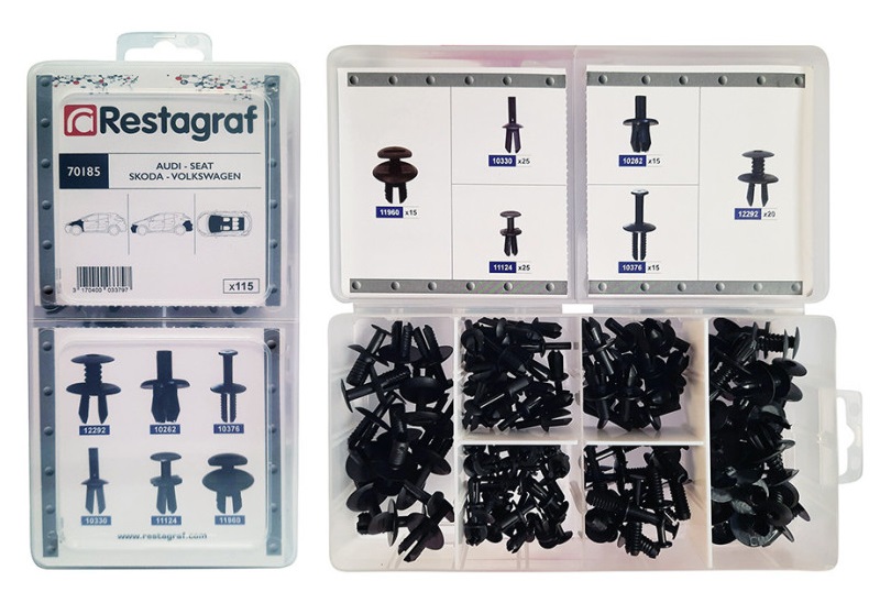 Set 115 nituri auto din plastic RESTAGRAF 70185, plastic, negru, pentru Audi, Seat, Skoda, Volkswagen