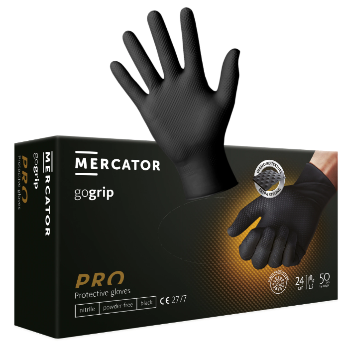 Set 50 manusi de protectie din nitril MERCATOR GoGrip AD-00-0014, texturate, marime XL, culoare negru
