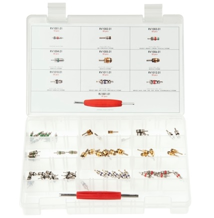 Set 50 valve instalatie aer conditionat ERRECOM RK1331, marimi diferite, cheie valve, cutie depozitare
