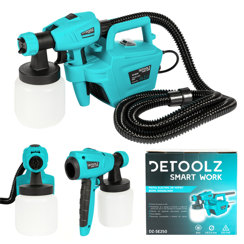 Pistol electric de vopsit DETOOLZ DZ-SE250, 800 W, 1000 ml/min, vascozitate maxima 120 DNI