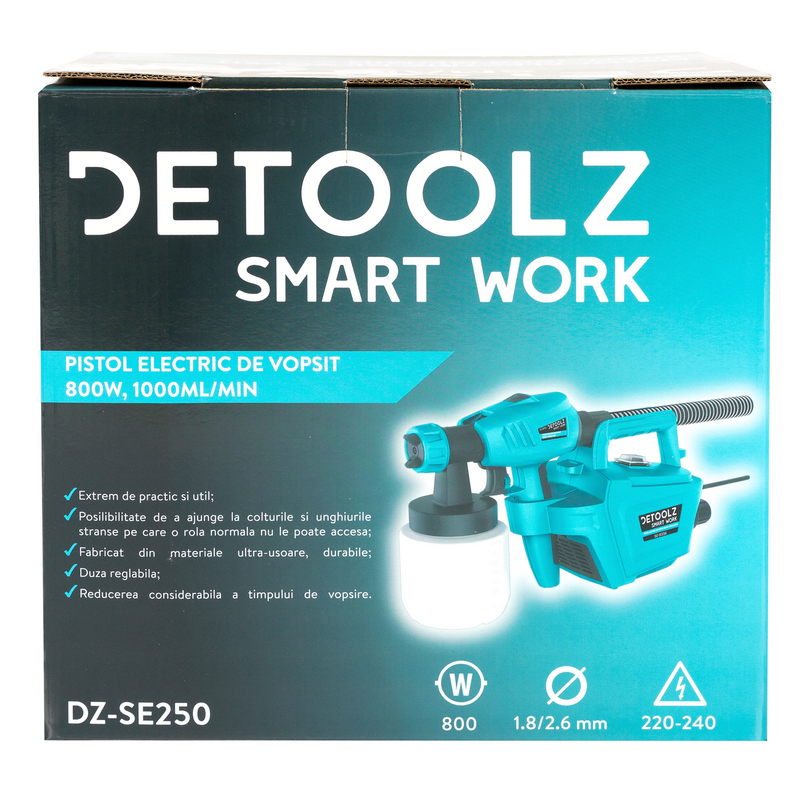 Pistol electric de vopsit DETOOLZ DZ-SE250, 800 W, 1000 ml/min, vascozitate maxima 120 DNI