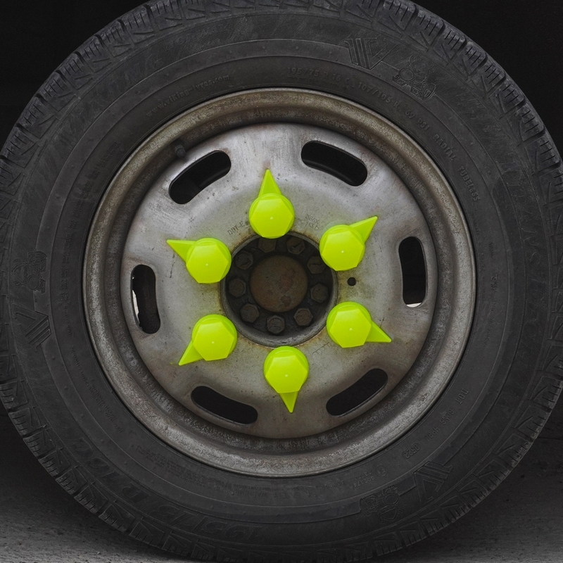 Set 10 capace pentru prezoane roata, cu indicator, MEGA DRIVE NW33 Z/Y/NEON WS, 33 mm x 54.5 mm, galben neon, din plastic