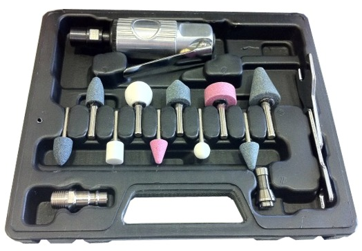 Trusa polizor drept pneumatic JBM 52157, cu 16 piese pentru polizare, cutie depozitare