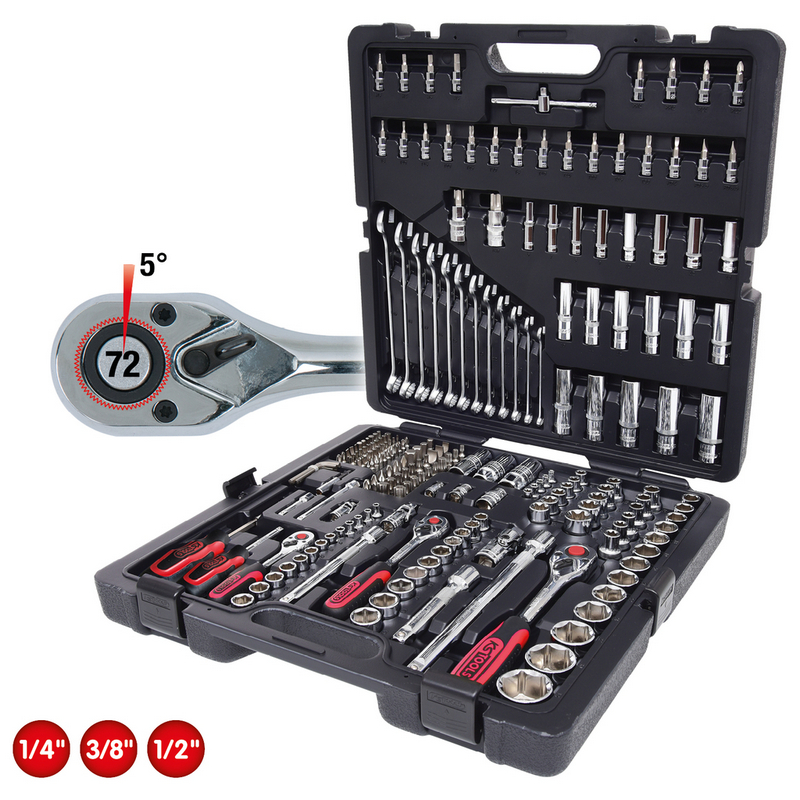 Trusa 216 scule KS TOOLS ChromePlus 918.0216, chei tubulare prindere 1/4 inch, 3/8 inch, 1/2 inch, otel crom vanadiu
