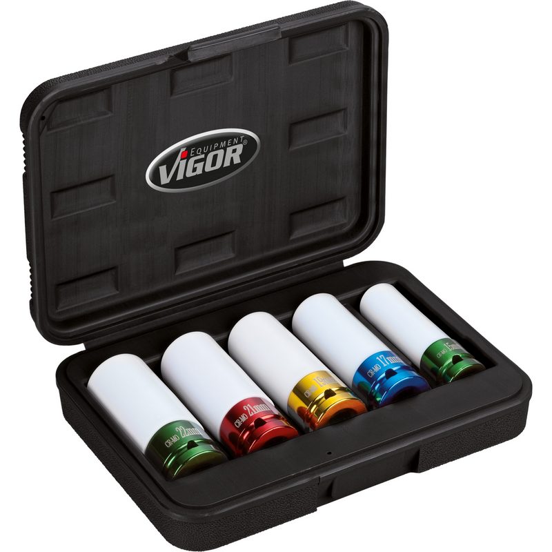 Set 5 chei tubulare de impact VIGOR V2257, patrat 1/2 inch, deschidere chei 15-22 mm, acoperite, pentru jante aliaj
