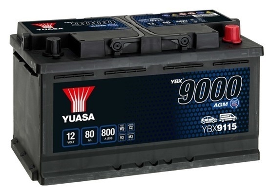 Baterie auto YUASA YBX 9000 AGM YBX9115, 12 V, 80 Ah, 800 A, 317x175x190 mm, borna dreapta plus