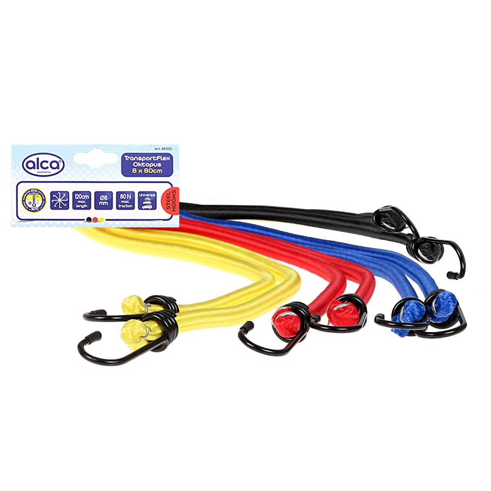 Set corzi pentru prindere bagaje ALCA 881000, 80 - 120 cm, 4 culori, carlige din otel