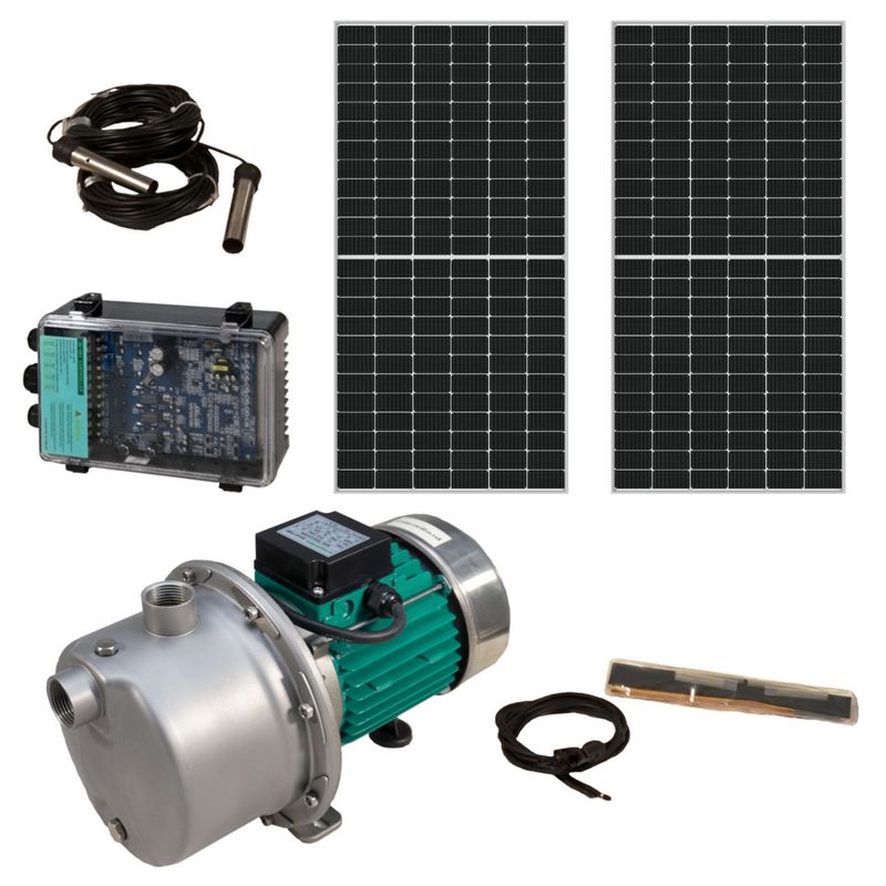 Set pompa de suprafata cu panou fotovoltaic PROGARDEN PAC04570518001 TSSGJ3.2-35-48/500, 1 inch, solar, 500 W, 48 V, MPPT, inaltime pompare 35 m, 3.2 mch, inox, 2 x panouri SP460M-72H, controller pompa, 2 senzori