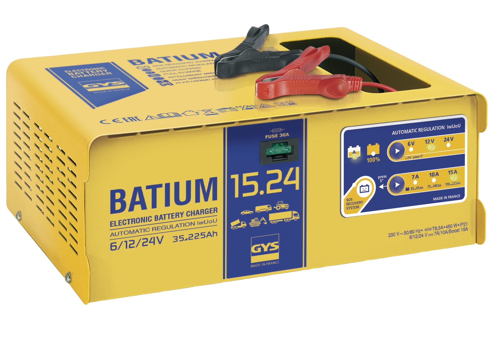 Incarcator baterii auto GYS BATIUM 15.24 024526, 22 A, 450 W, 6/12/24V, siguranta 30A, 210x360x140 mm