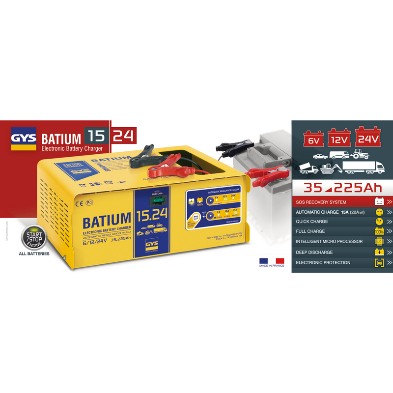 Incarcator baterii auto GYS BATIUM 15.24 024526, 22 A, 450 W, 6/12/24V, siguranta 30A, 210x360x140 mm