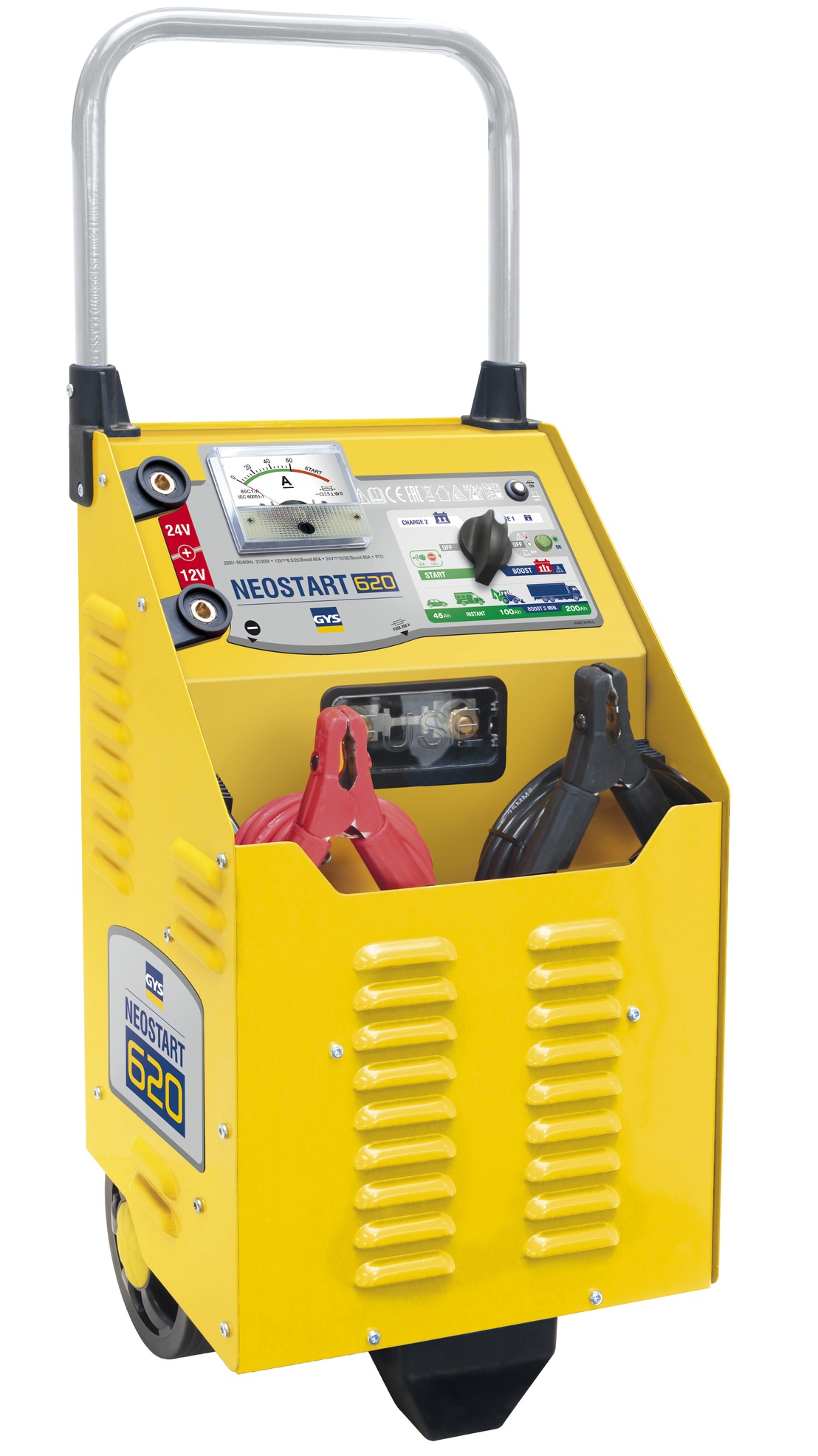Incarcator baterii auto GYS NEOSTART 620 025288, 1600W, 16A, 12/24V, 20-1350 Ah, cabluri 16 mmp 2/1.8 m, cleme alama, siguranta frontala, ampermetru, cu roti