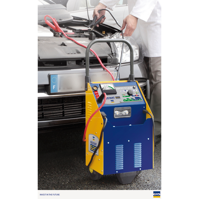 Incarcator baterii auto GYS NEOSTART 620 025288, 1600W, 16A, 12/24V, 20-1350 Ah, cabluri 16 mmp 2/1.8 m, cleme alama, siguranta frontala, ampermetru, cu roti