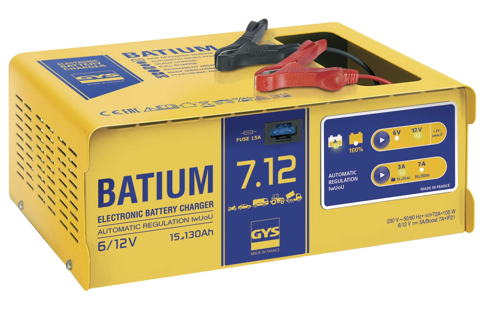 Incarcator baterii auto GYS BATIUM 7.12 024496, 22 A, 450 W, 6/12V, siguranta 15A, 210x340x130 mm