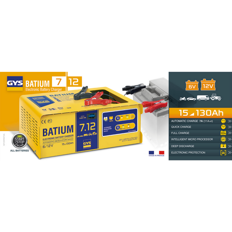 Incarcator baterii auto GYS BATIUM 7.12 024496, 22 A, 450 W, 6/12V, siguranta 15A, 210x340x130 mm