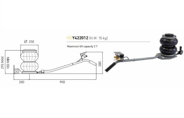 Cric pneumatic cu 2 baloane WINNTEC Y422012, cu maner, capacitate maxima ridicare 2 tone, cursa ridicare 165 - 345 mm