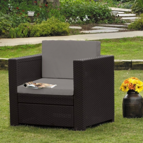 Scaun de gradina cu spatar KETER 234190 Provence, imitatie rattan, maro, cu perna, polipropilena
