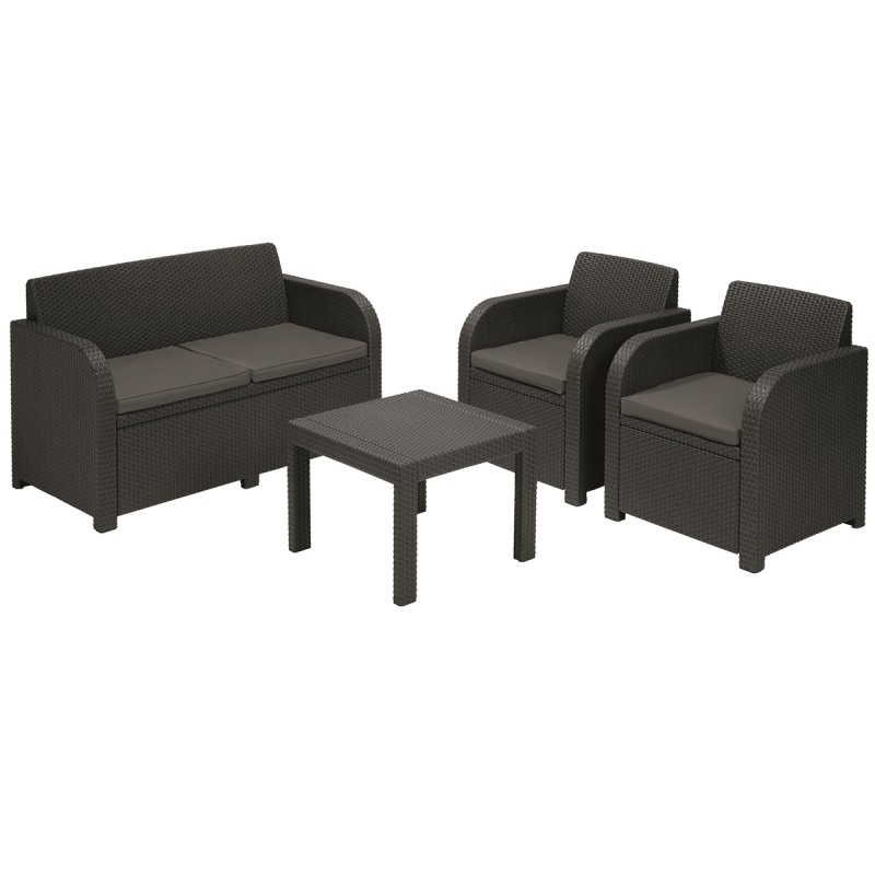 Set mobilier gradina KETER 216742 Georgia, masa patrata, canapea cu 2 locuri, 2 fotolii, 4 perne, grafit, polipropilena