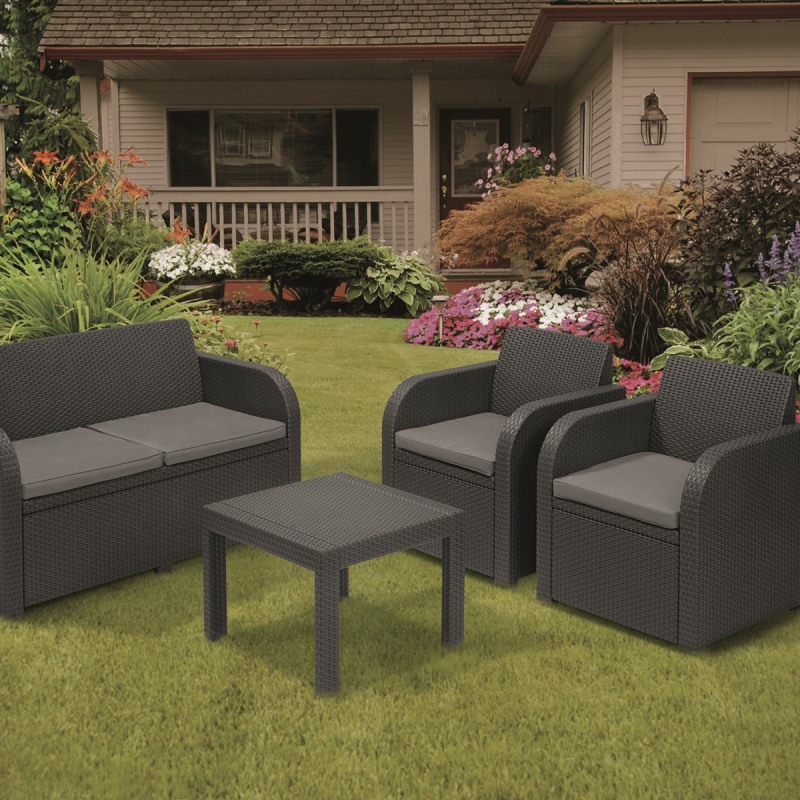 Set mobilier gradina KETER 216742 Georgia, masa patrata, canapea cu 2 locuri, 2 fotolii, 4 perne, grafit, polipropilena