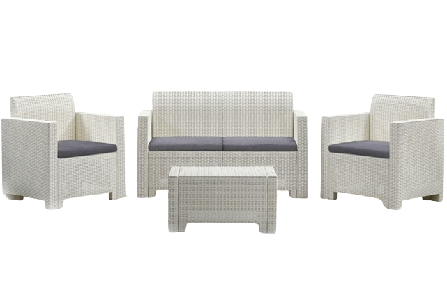Set mobilier pentru gradina si terasa BICA Nebraska 2 Alb, 9067, canapea 2 locuri, 2 fotolii, masuta depozitare, perne incluse, plastic, imitatie ratan