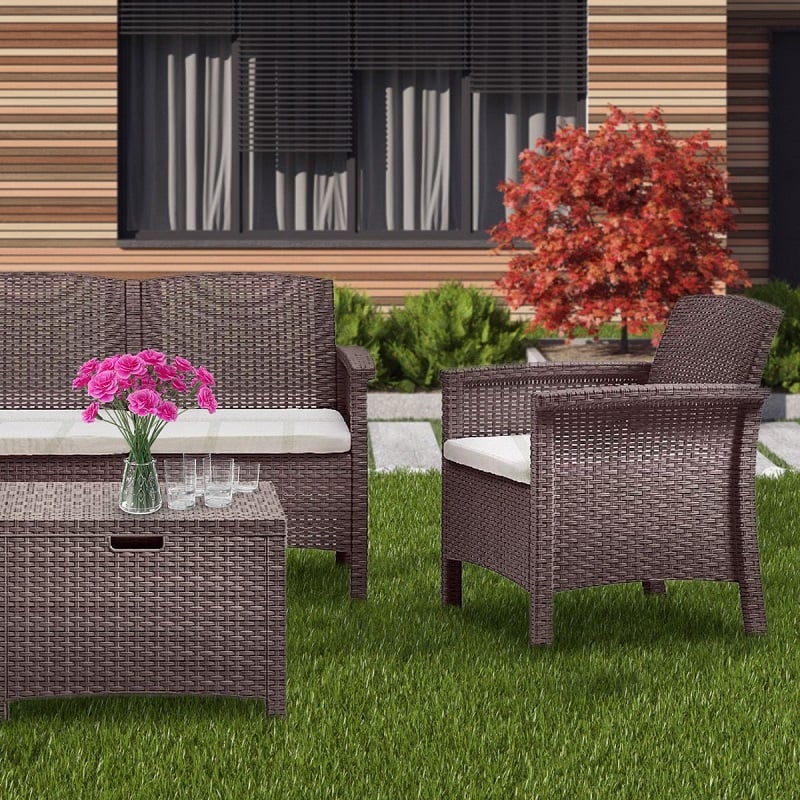 Set de mobilier pentru gradina BICA Venezia 3 Maro, 9168.3, canapea 3 locuri, 2 fotolii, 5 perne, masa cu spatiu depozitare, polipropilena, imitatie ratan