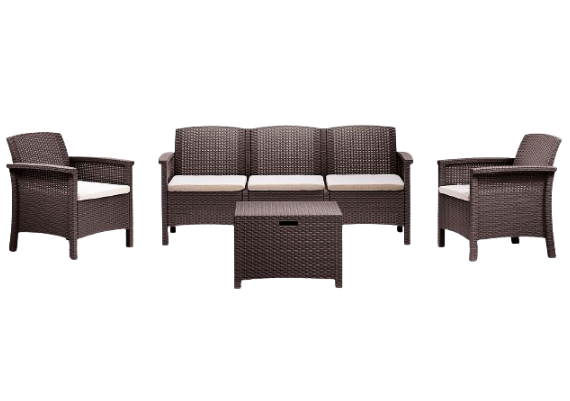 Set de mobilier pentru gradina BICA Venezia 3 Maro, 9168.3, canapea 3 locuri, 2 fotolii, 5 perne, masa cu spatiu depozitare, polipropilena, imitatie ratan