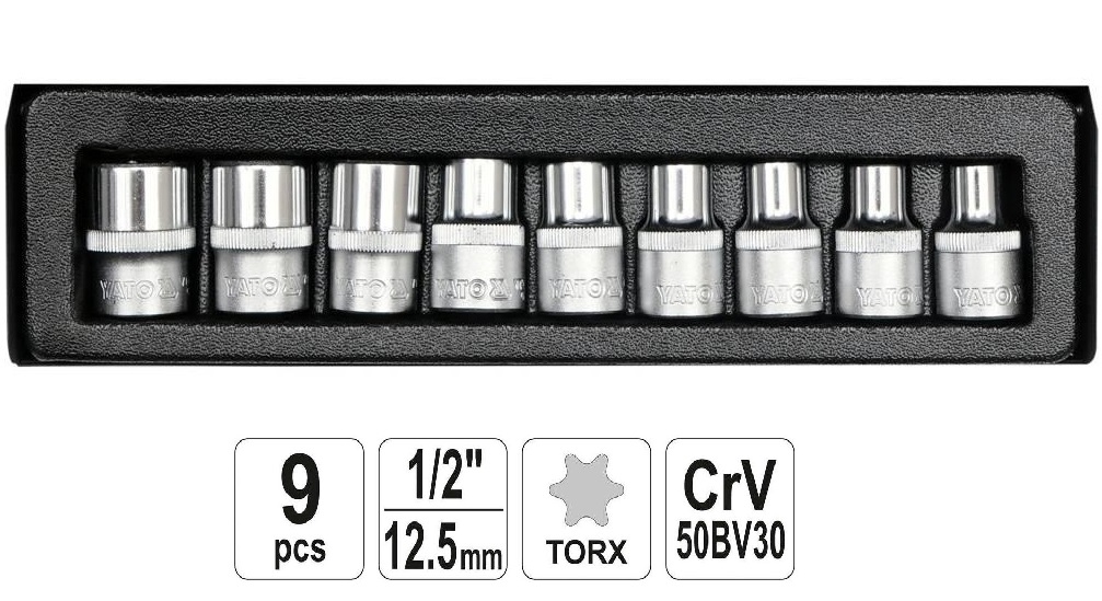 Set 9 chei tubulare YATO YT-0521, E10-E24, prindere patrat 1/2 inch, crom vanadiu