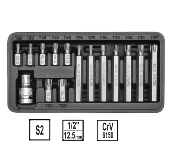 Set 15 capete imbus pentru insurubare YATO YT-0411, profil torx, lungime 30-70 mm, cu adaptor 1/2 inch, carcasa metalica