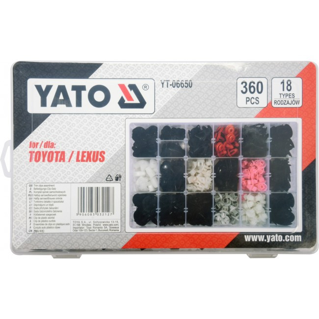 Set 360 clipsuri tapiterie YATO YT-06650, 18 tipuri, din plastic, pentru automobile Toyota/Lexus