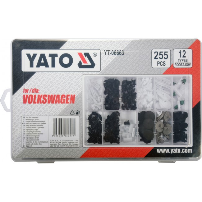 Set 255 clipsuri tapiterie YATO YT-06663, 12 tipuri, din plastic, pentru automobile Volkswagen