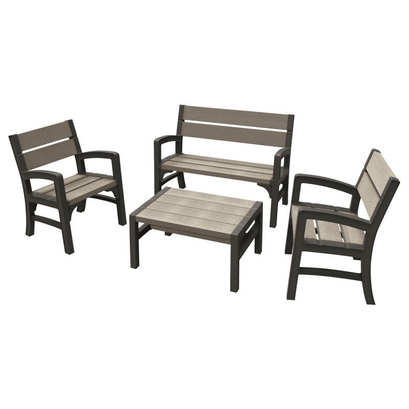 Set mobilier gradina KETER 17205049931 Montero, masa dreptunghiulara, canapea cu 2 locuri, 2 fotolii, fara perne, gri-maroniu, polipropilena