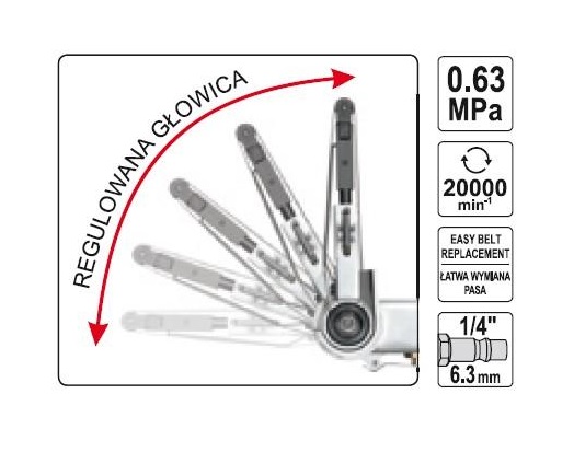 Polizor pneumatic cu banda YATO YT-09742, 20x520 mm, presiune de lucru 0.63 MPa, include benzi P60, P80, P120