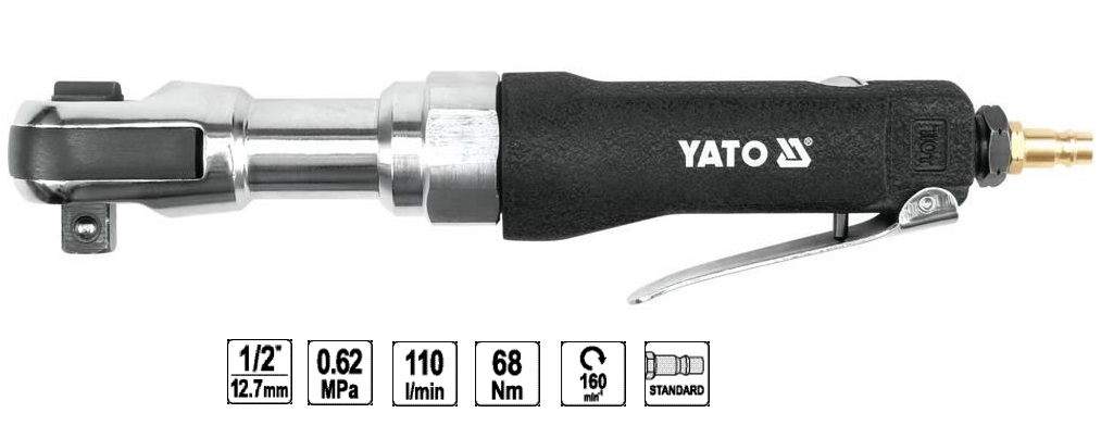 Clichet de impact pneumatic YATO YT-0980, cuplu 68 Nm, 160 rpm, antrenor 1/2 inch, presiune de lucru 0.62 MPa